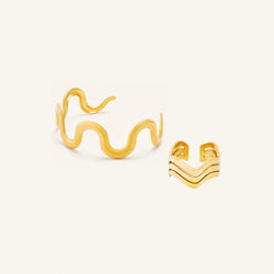 Bali Waves ring and Waves open cuff bracelet set in gold-plated stainless steel